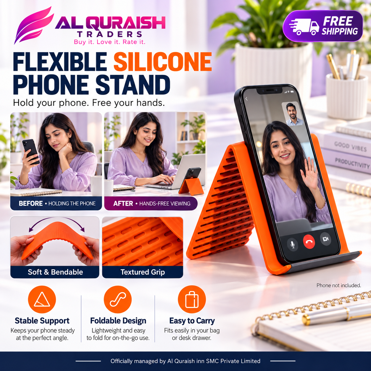 Portable Flexible Silicone Aluminum Phone Holder Stand, Bendable Rollable Foldab